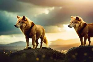 two dogs standing on top of rocks in front of a sunset. AI-Generated photo