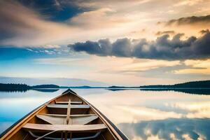 a canoe is floating on the calm water at sunset. AI-Generated photo