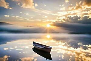 un barco es flotante en un lago a puesta de sol. generado por ai foto