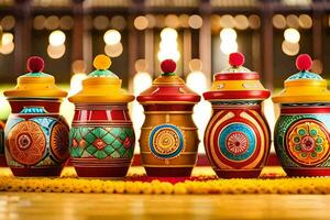 five colorful pots sitting on a table with candles. AI-Generated photo