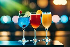 three different colored cocktails in glasses on a bar. AI-Generated photo