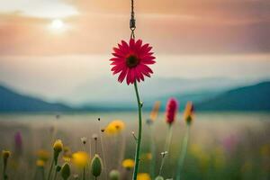 a red flower is hanging from a hook in front of a field. AI-Generated photo