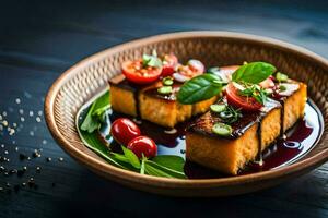 tofu with tomato sauce and garnish. AI-Generated photo