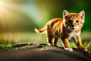 un pequeño naranja gatito caminando en un suciedad camino. generado por ai foto