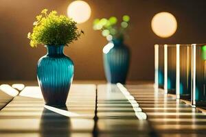 blue vases with flowers on a table. AI-Generated photo