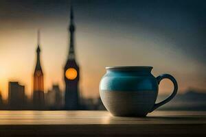 a coffee cup sits on a table in front of a city skyline. AI-Generated photo