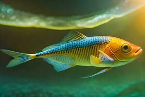 un pescado nadando en un acuario con un ligero brillante en él. generado por ai foto