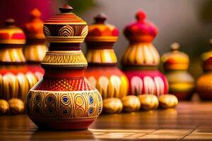 colorful wooden chess pieces on a wooden table. AI-Generated photo