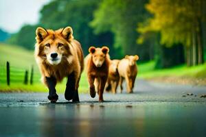 a group of brown dogs walking on a road. AI-Generated photo