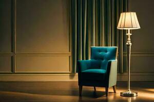 a blue chair and lamp in a room. AI-Generated photo