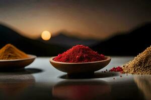 three bowls of spices and spices on a table. AI-Generated photo