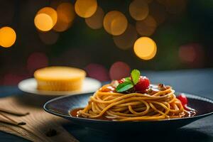 spaghetti with sauce and berries on a plate. AI-Generated photo