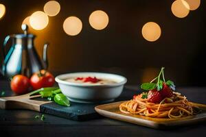 spaghetti with tomato sauce and fresh strawberries on a wooden table. AI-Generated photo