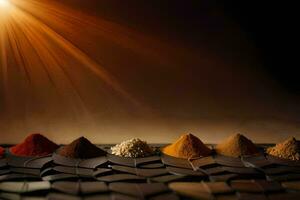 a row of spices on a table with the sun shining. AI-Generated photo