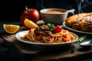 spaghetti with meat and vegetables on a wooden table. AI-Generated photo