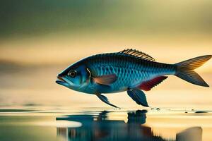 a fish is walking across the water at sunset. AI-Generated photo
