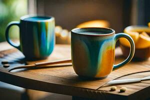 two colorful mugs sit on a wooden table. AI-Generated photo