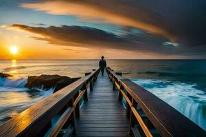 un hombre soportes en un de madera puente con vista a el Oceano a puesta de sol. generado por ai foto