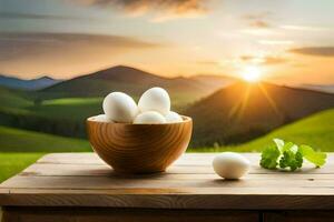 eggs in a bowl on a table in the mountains. AI-Generated photo
