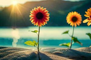 photo wallpaper the sun, flowers, the sea, the beach, the sun, the sea,. AI-Generated