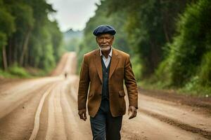 an older man in a suit and hat walking down a dirt road. AI-Generated photo