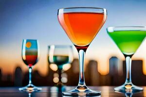 three different colored cocktails sit on a table. AI-Generated photo