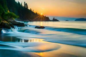 a beautiful sunset over the ocean with waves crashing into the shore. AI-Generated photo