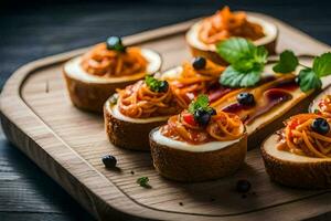 small appetizers on a wooden cutting board. AI-Generated photo