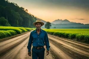 un hombre en un sombrero y azul camisa caminando abajo un suciedad la carretera. generado por ai foto