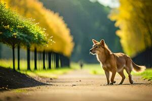 un perro es en pie en un la carretera en frente de arboles generado por ai foto