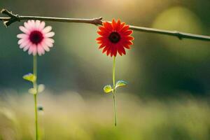 two flowers hanging from a branch in the sun. AI-Generated photo