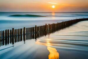 un puesta de sol terminado el Oceano con un de madera cerca. generado por ai foto