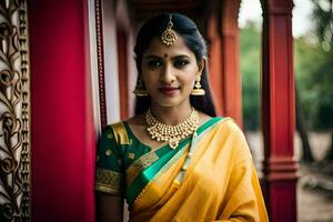 a beautiful woman in a yellow sari and gold jewelry. AI-Generated photo