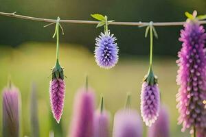 purple flowers hanging from a wire in the grass. AI-Generated photo