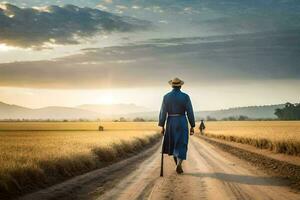 a man in a blue dress walking down a dirt road. AI-Generated photo