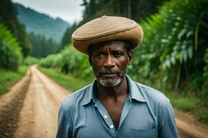 a man wearing a hat on a dirt road. AI-Generated photo