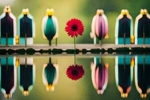 a red flower is standing in front of a row of colorful bottles. AI-Generated photo