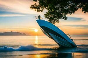 a boat is sinking into the ocean at sunset. AI-Generated photo