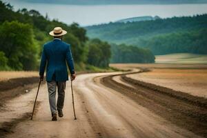 a man in a blue suit and hat walking down a dirt road. AI-Generated photo