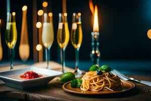 a table with a plate of spaghetti and a glass of champagne. AI-Generated photo