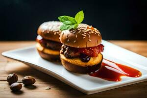 dos hamburguesas en un plato con salsa. generado por ai foto