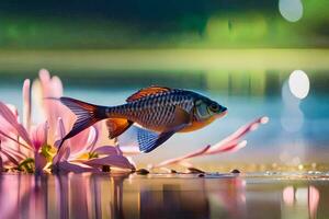 a fish is standing on the water with pink flowers. AI-Generated photo
