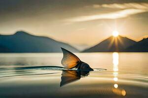 un pescado nadando en el agua a puesta de sol. generado por ai foto