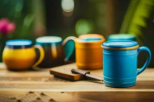 colorful mugs on a wooden table. AI-Generated photo