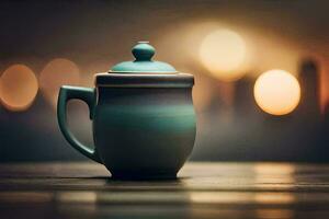 a teapot sitting on a table with blurred lights in the background. AI-Generated photo