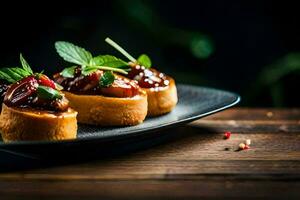three small breadsticks with meat and herbs on a black plate. AI-Generated photo