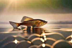 a fish is floating on the water with the sun shining. AI-Generated photo