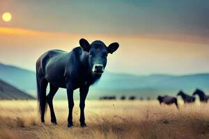 un negro vaca en pie en el medio de un campo. generado por ai foto