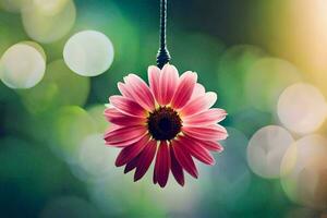 a pink flower hanging from a string. AI-Generated photo