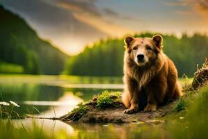 a brown bear sitting on the edge of a lake. AI-Generated photo